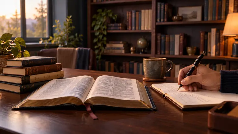 کتاب‌مقدس باز، کتاب‌ها و دستی در حال نوشتن